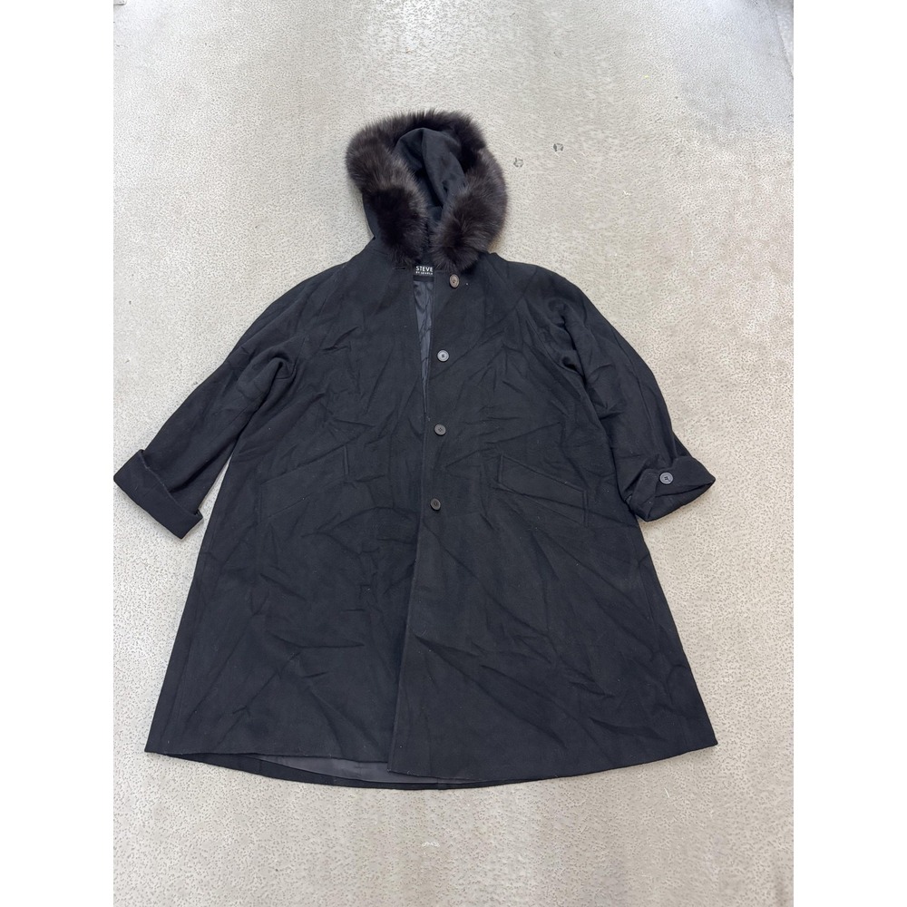 Steve By Searle Coat Womens 10P Black‎ Wool Fox Fur Trim Long Hooded Made USA